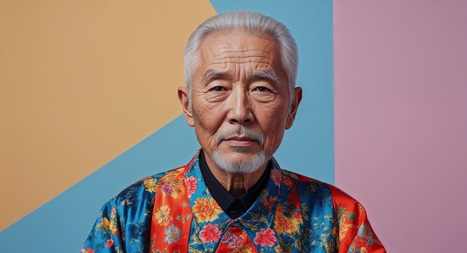 chinese elderly man on colorful plain bright background modern chic fashion pose  model portrait  portrait banner with copy space ad concept marketing