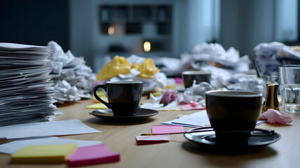 Workplace Chaos A Desk Overflowing with Paper Coffee Cups and Creative Disarray
