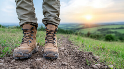 Close up of boots trail with beautiful sunset background, evoking adventure and exploration