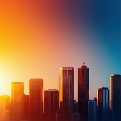 Obraz premium A vibrant city skyline at sunset, showcasing modern architecture against a gradient of orange and blue hues in the sky.