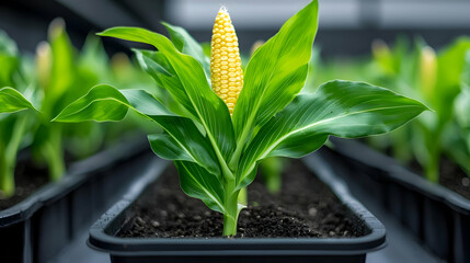 Rows of Young Corn Plants Growing in a Greenhouse
