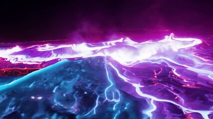 Tracking video of rapid interaction of cyan and magenta lava flows racing towards each other, creating explosive collisions in a vibrant volcanic field, colored gel lighting with blue, pink accents