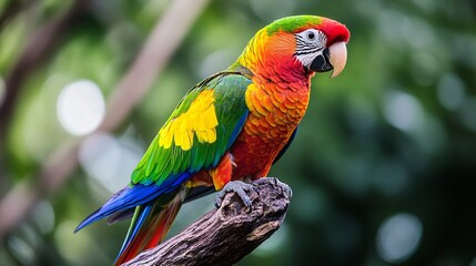 Obraz premium Vibrant Macaw Parrot in Tropical Rainforest with Colorful Plumage and Bokeh Background