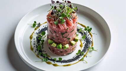 Top-down view of a full round white plate featuring a cylindrical tower of fresh tuna tartare mixed with soy-lime dressing and finely diced avocado, topped with microgreens and black sesame seed