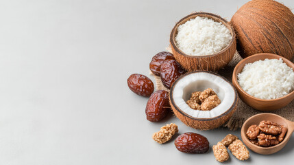 Obraz premium Fresh coconut, rice, and dates arranged beautifully evoke natural vibe