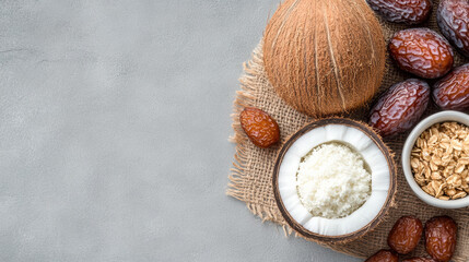 Fototapeta premium Coconut, dates, and oats arranged beautifully textured surface create natural and healthy vibe