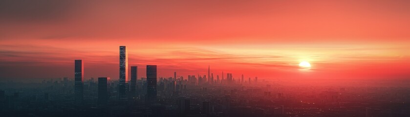 Smart City Development with Urban Innovation and Advanced Security Systems, City skyline silhouetted against a vibrant sunset with a dramatic sky.