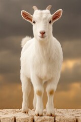 Fototapeta premium Fluffy White Baby Goat on Stone Wall at Sunset