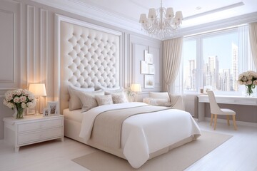 A luxury bedroom with designer bedding, chandelier, and neutral tones