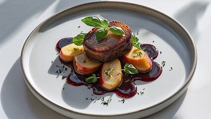 Full view of a gourmet appetizer plate: pan-seared foie gras with apple compote, port wine...