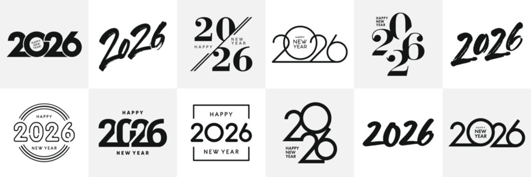 Big Set of 2026 Happy New Year logo text design. 2026 number design template. Collection of 2026 Happy New Year symbols. Vector illustration with black labels isolated on white background.