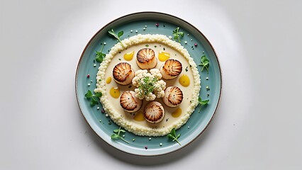 Elegant full round plate with seared scallops centered on cauliflower purée, garnished with lemon beurre blanc droplets and colorful micro herbs — overhead view, isolated on white background, full 