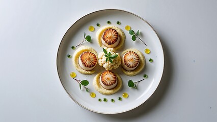 Perfectly plated scallop dish on a full white porcelain plate: three seared scallops aligned in the center with cauliflower purée quenelle, surrounded by tiny lemon reduction gel dots and delicate