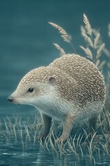 Obraz premium Pixelated Hedgehog by Water, Calm Nature Scene