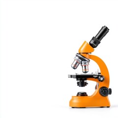 A bright orange microscope stands against a white background, designed for scientific observation and analysis of small objects.