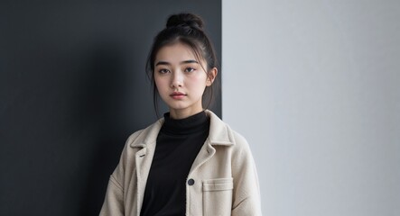Fototapeta premium chinese teen girl on black plain bright background modern chic fashion pose model portrait portrait banner with copy space ad concept marketing
