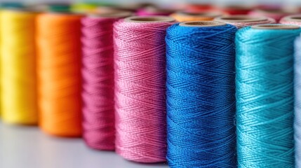 Colorful spools of thread in a row, close-up,  sewing supplies,  bright background