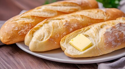 Fototapeta premium Crusty Bread with Butter - Bakery Food Photo - Rustic food photography