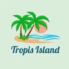 Fototapeta premium Tropical Sunset Logo Beach Vibes with Palm Tree and Waves Icon Vector