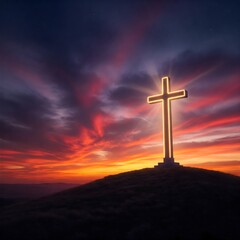 Illuminated Cross on Hill at Dusk – Faith and Hope Symbolism