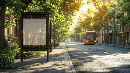 serene urban scene featuring bus stop surrounded by lush greenery and sunlight filtering through trees. empty advertisement space invites creativity and imagination