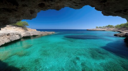 Coastal Cave View.  Crystal-clear turquoise water,  Mediterranean bay.  Rocky coastline,  sunlit blue sky