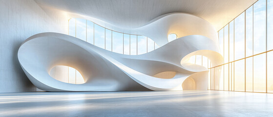 minimalist interior featuring abstract white curved structures, bathed in natural light from large windows, creates serene and modern atmosphere. design emphasizes fluidity and elegance