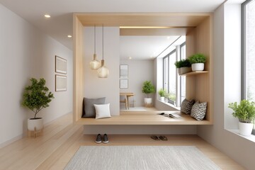 A minimalist entryway with a bench, shoe rack, and a single mirror