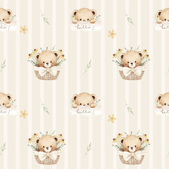 Watercolor Cute Baby Bear Seamless Pattern
