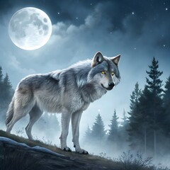 Majestic Grey Wolf in Winter Forest Fantasy Wildlife Wallpaper