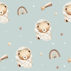 Watercolor Cute Baby Bear Seamless Pattern