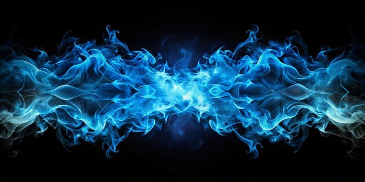 Dark Mystical Banner: Blue Flames Wreathed in Black Double Exposure Stock Photo