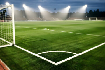 Soccer field at night with bright stadium lights and corner kick area is visible