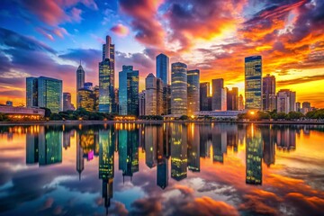 Fototapeta premium Breathtaking Dusk Panorama of a Vibrant City Skyline Illuminated Glass Architecture in a Captivating Night Cityscape