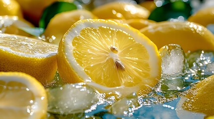 Juicy Lemons in Ice Water, Refreshing Summer - Macro Photography
