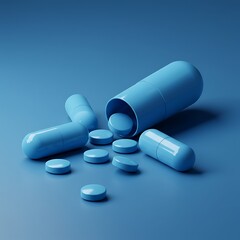 A spill of vibrant blue pills, capsules scattered on a smooth surface, representing hope and recovery in a serene medical setting.