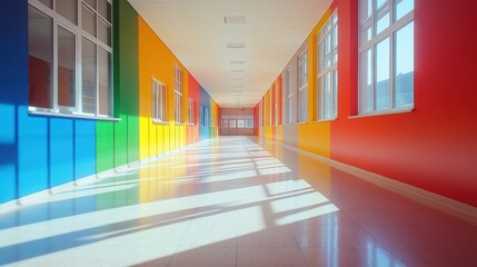 Fototapeta premium Colorful school hallway, sunlight, education, cheerful
