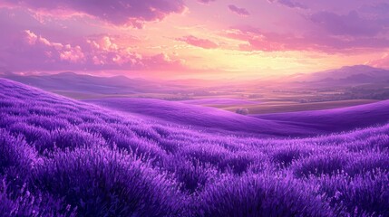 Lavender Sunset: Serene Purple Hills and Golden Sky. A breathtaking landscape of vibrant colors and tranquil beauty, perfect for nature lovers and peaceful escapes.
