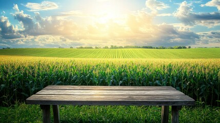 Naklejka premium 35.A peaceful countryside setting with a thriving cornfield and a wooden table positioned at the forefront, offering ample space for showcasing agricultural products or services with a smooth 3D