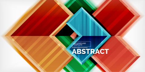 Vibrant geometric design features overlapping squares, rectangles. Colors include red, orange, green, blue. Stripes add texture, depth. Modern abstract background template.