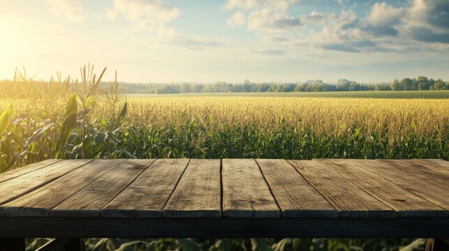 35.A peaceful countryside setting with a thriving cornfield and a wooden table positioned at the forefront, offering ample space for showcasing agricultural products or services with a smooth 3D