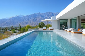 Fototapeta premium Modern pool with white chairs, umbrellas, and concrete patio, set against mountains in the background. Palm Springs style, white walls, blue sky, and distant mountains.