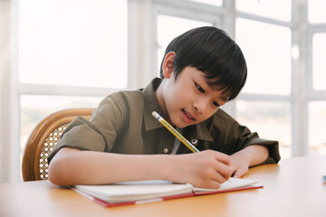 Focused Asian boy writes in a notebook using a pencil study, sitting at a desk by a window.