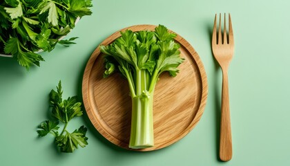 Crisp celery stalks lying on wooden surface, accompanied by green leaves and fork, representing nutritious culinary preparation with vibrant backdrop