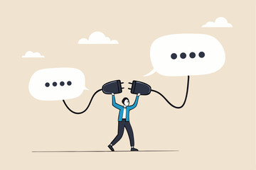 Communicate to solve problem, discussion or meeting to get new idea, collaboration or cooperate to success, connect idea for solution concept, businessman connect plug between conversation dialog.