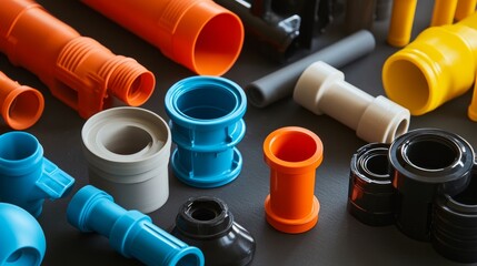 56.A close-up shot of a variety of colorful UPVC and CPVC fittings laid out on a smooth surface, showcasing the different types and designs of elements used for connecting polypropylene pipes.