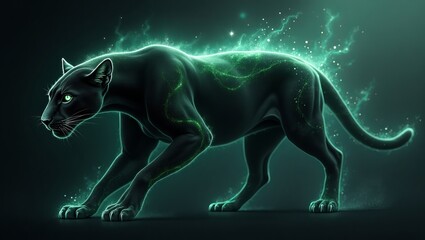 Fototapeta premium A sleek black panther with glowing green accents poised gracefully against a dark backdrop.