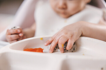 Hand of baby sits in a high chair, eating carrot sticks from a divided plate. The warm ambiance and natural lighting of the room suggest a comfortable and happy family mealtime setting.