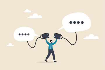 Communicate to solve problem, discussion or meeting to get new idea, collaboration or cooperate to success, connect idea for solution concept, businessman connect plug between conversation dialog.
