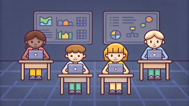 innovation technology AI tutoring system, Children using laptops in a classroom with educational charts and graphs on the walls.